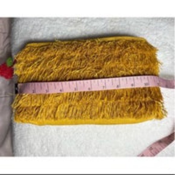 Women's Yellow Fringe Straw Clutch Small Bag Cherry Pom Poms Zip Close - Picture 6 of 7